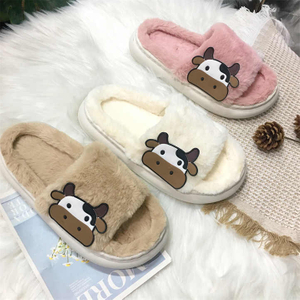 암소 두꺼운 솜털 모피 슬리퍼 새로운 여성 겨울 집 따뜻한 모피 슬리퍼 여성 플립 플롭 홈 슬라이드 플랫 실내 신발
