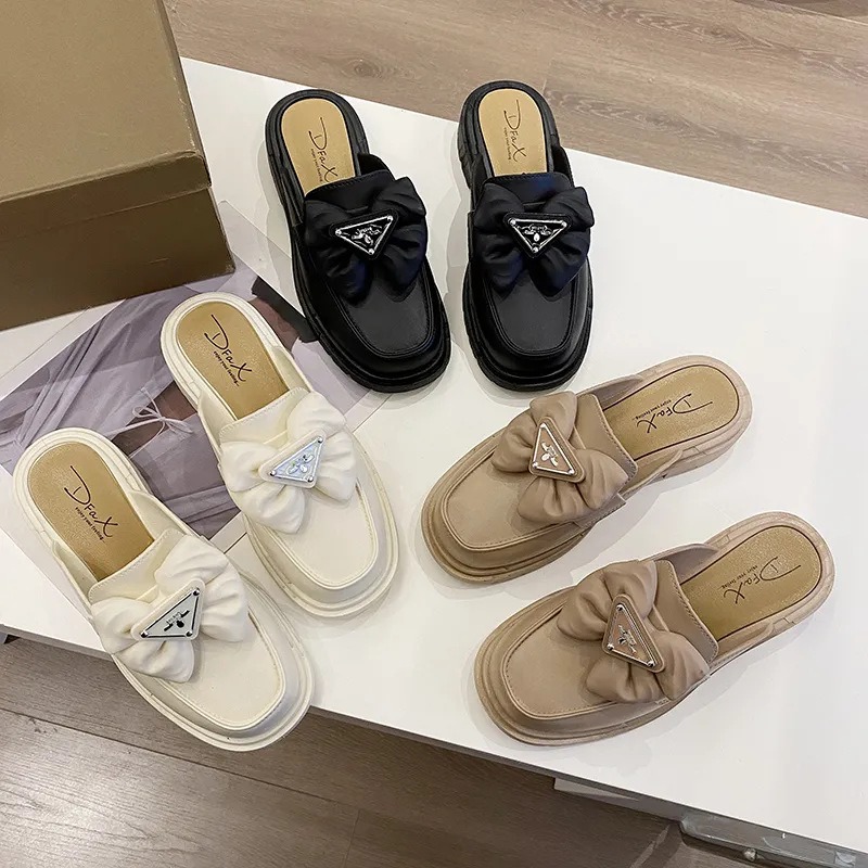 새로운 블랙 화이트 패션 보우 버튼 로퍼 여성 Chunky 신발 봄 여름 여성 슬립