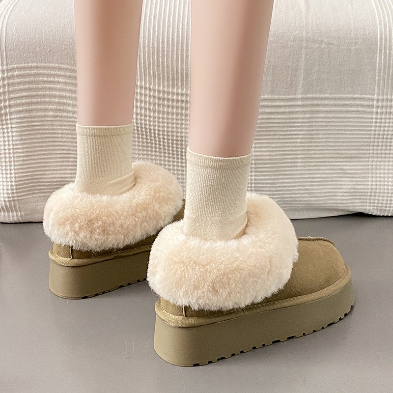 여성 두꺼운 바닥 따뜻한 면 신발, 여성 미끄럼 방지 봉제 스노우 부츠, 인조 모피 겨울 부츠, 슬라이드 플랫, 홈 면 슬리퍼