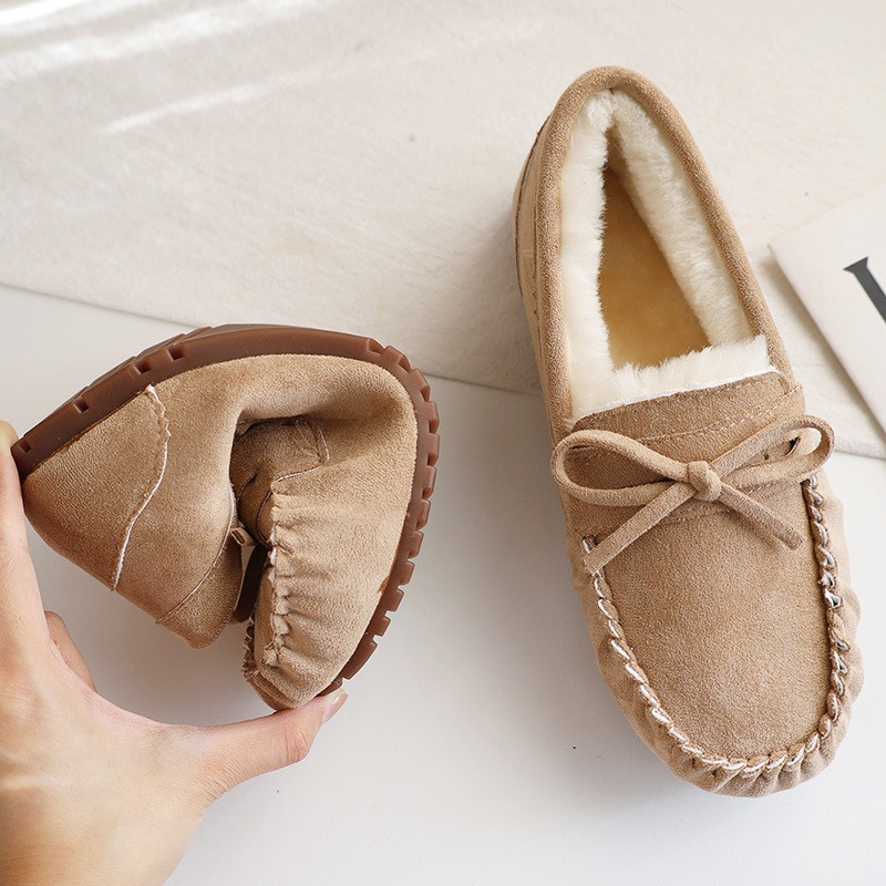 여성 캐주얼 플랫 신발 여성 모카신 소프트 로퍼 패션 컴포트 따뜻한 플러시 보우 슬립 여성 면화 신발