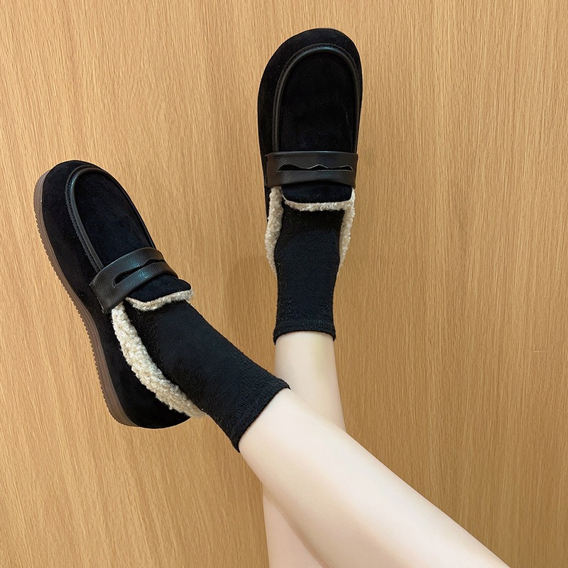 겨울 여성 신발 짧은 플러시 야외 봉제 슬립 온 캐주얼 여성 미끄럼 방지 바닥 모카신 여성 편안한 플랫 로퍼